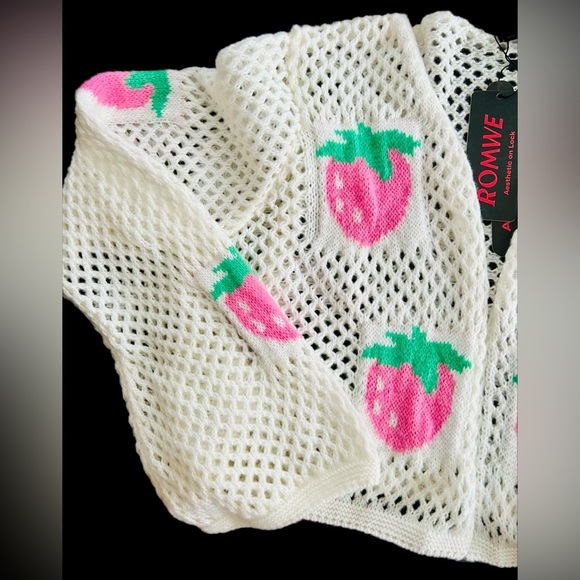 NWT Large ROMWE Kawaii Knit Crop Cardigan w/ Pink Strawberries - Picture 8 of 16